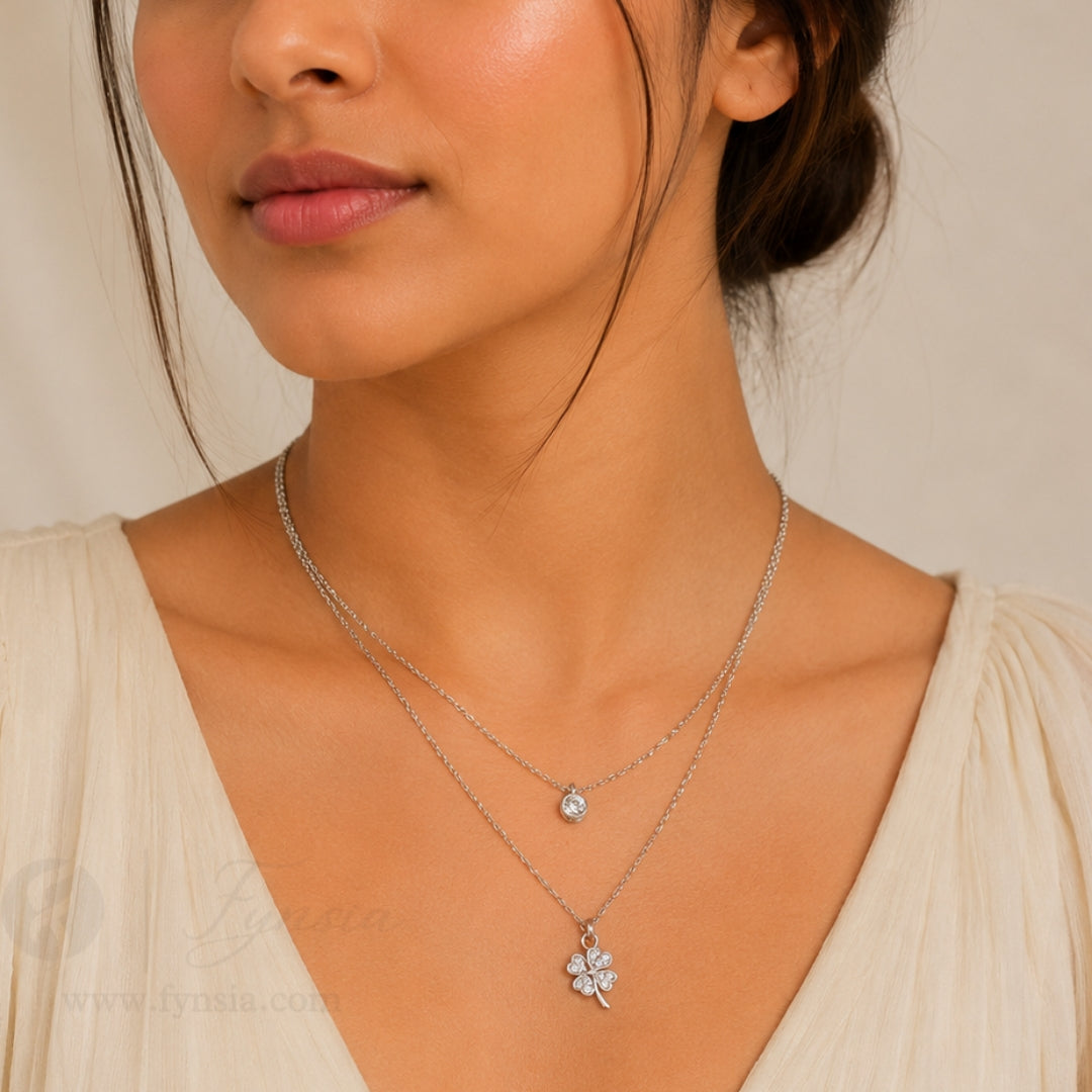Four Leaf Clove Dual Layered Neckchain – Silver Tone Stainless Steel | Fynsia