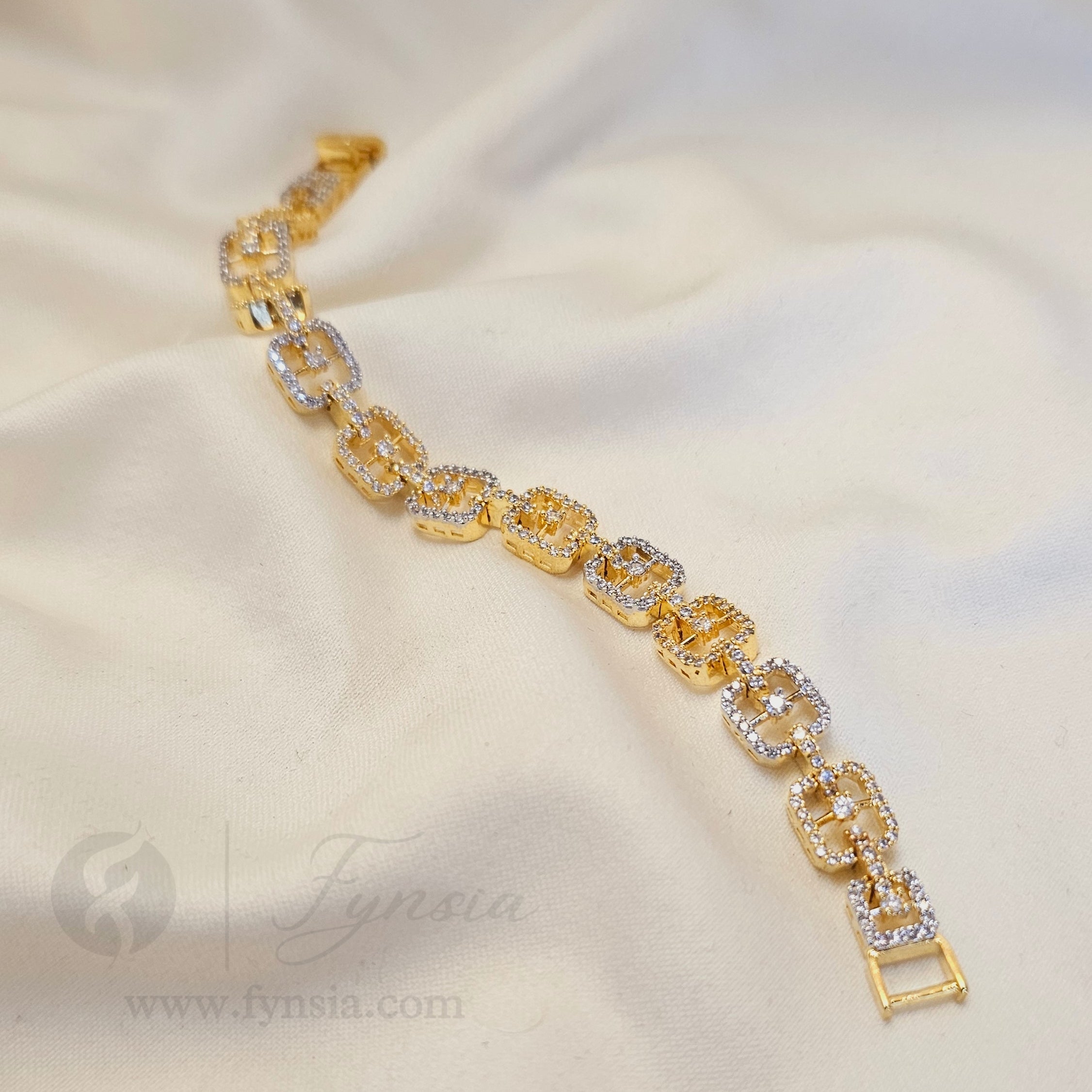 Golden American Diamond Tennis Bracelet - | Fynsia
