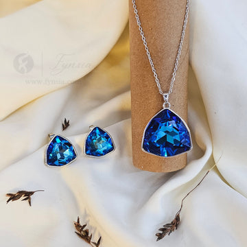 Forzen Zirconia Aqua Blue Silver Tone Pendant Chain Set With Earrings | Fynsia