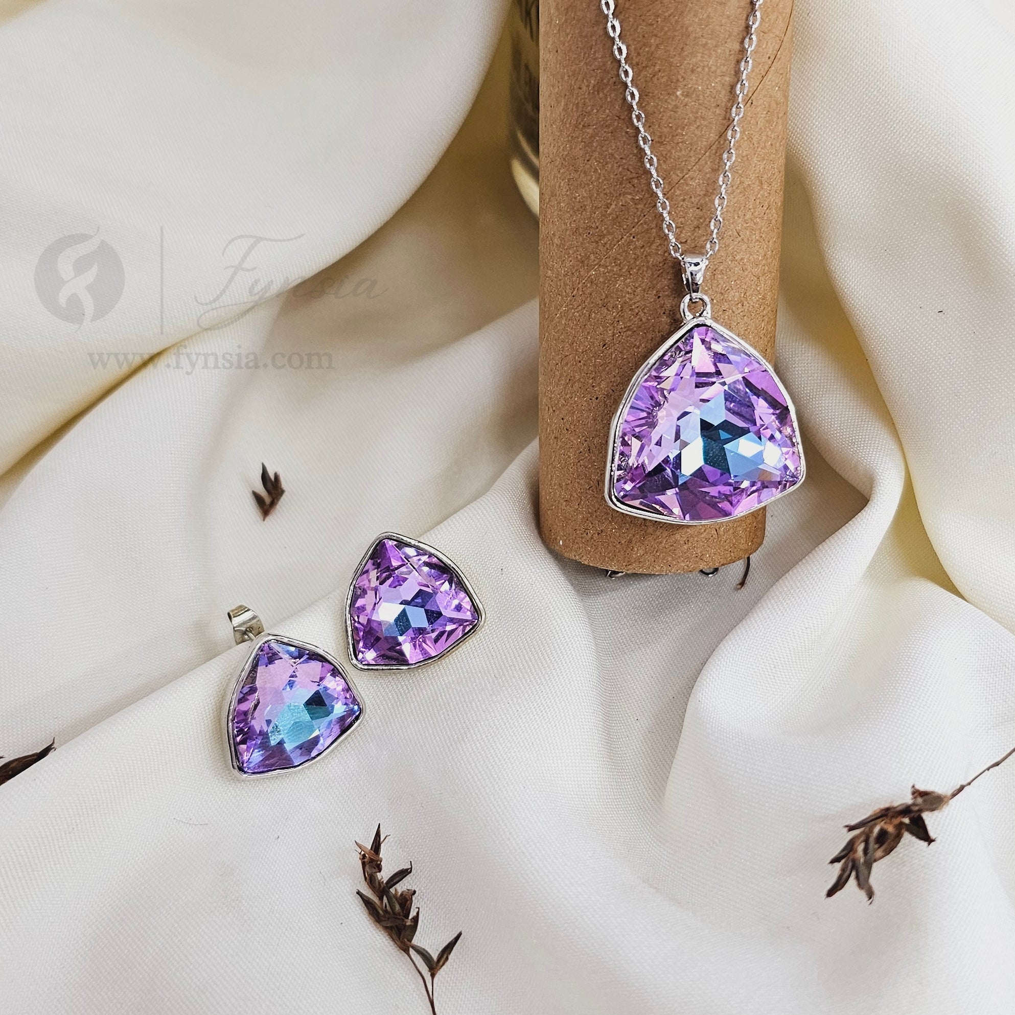 Rupanzel Zirconia Silver Mild Pink Tone Pendant Chain Set With Earrings | Fynsia