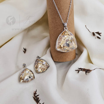 Mulan Zirconia Silver ceramic Tone Pendant Chain Set With Earrings | Fynsia
