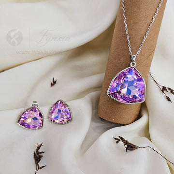 Airel Zirconia Silver pink Tone Pendant Chain Set With Earrings | Fynsia