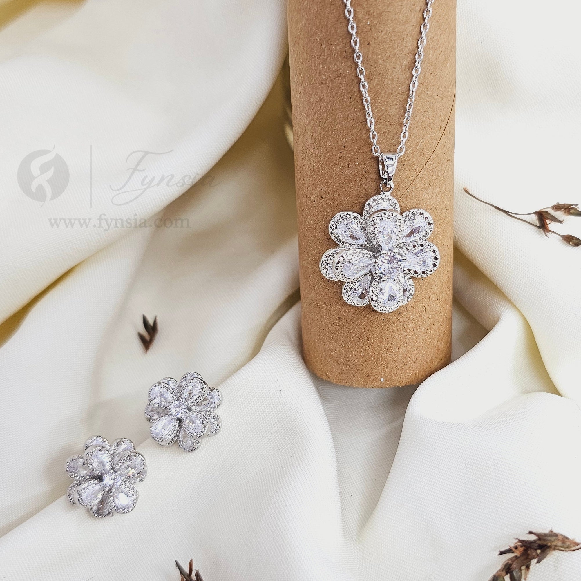 Petal Fall Zirconia Silver Glow Tone Pendant Chain Set With Earrings | Fynsia