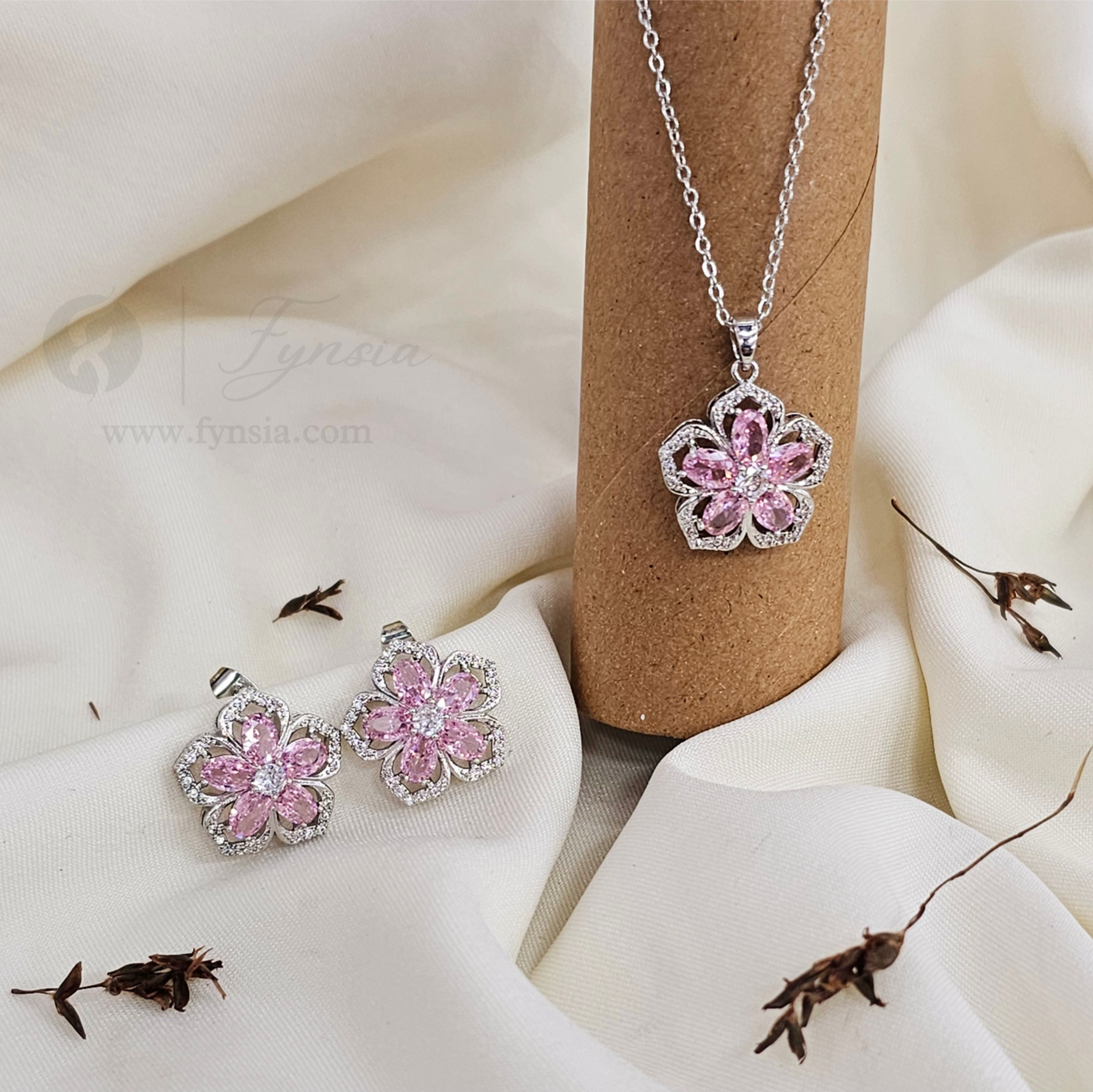 Petal Fall Zirconia Silver Pink Tone Pendant Chain Set With Earrings | Fynsia