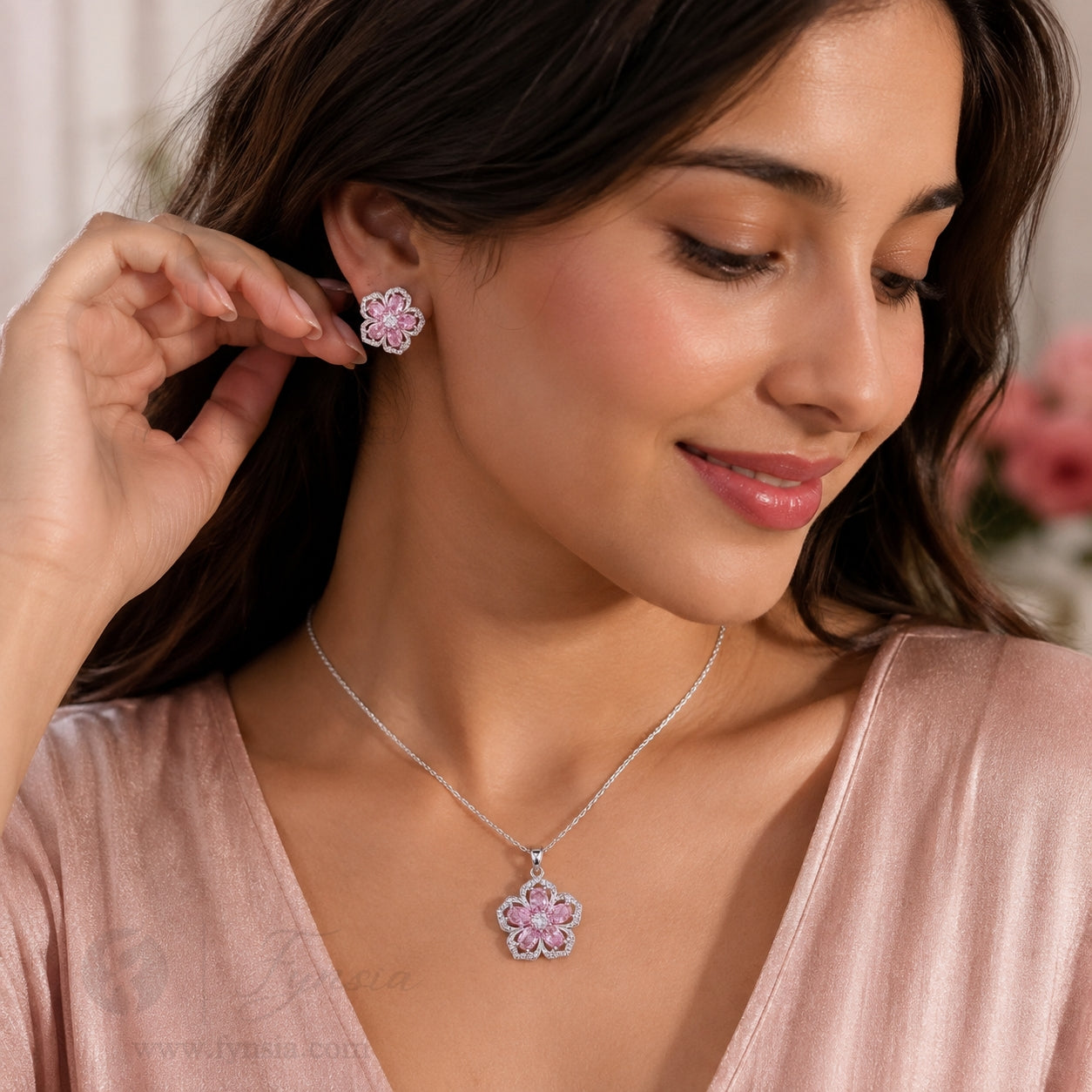 Petal Fall Zirconia Silver Pink Tone Pendant Chain Set With Earrings | Fynsia