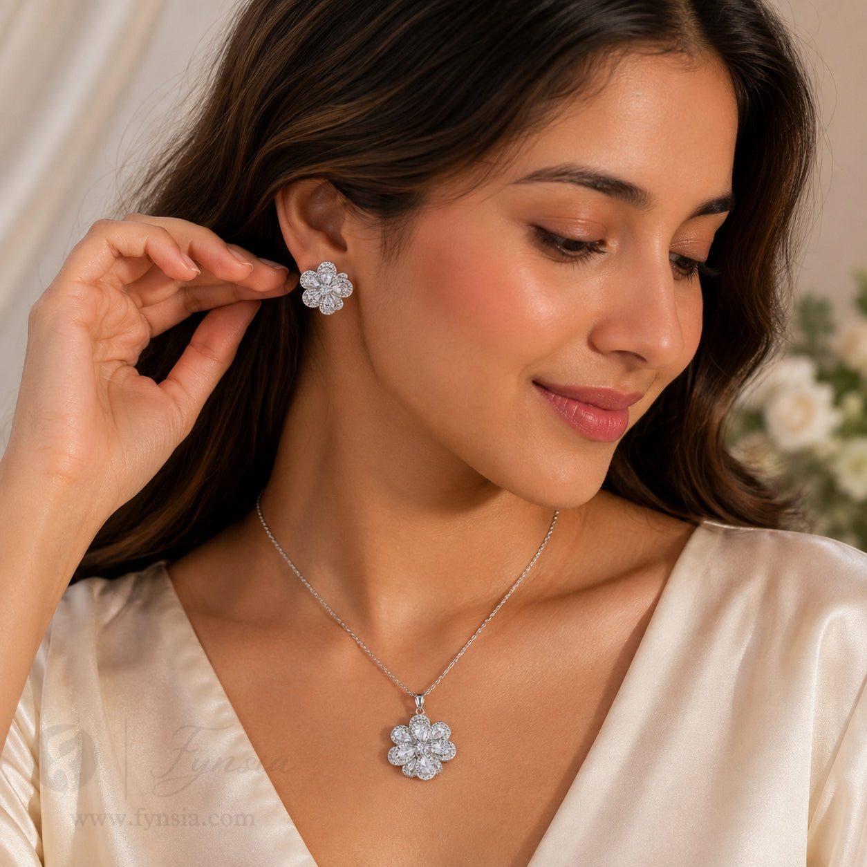 Petal Fall Zirconia Silver Glow Tone Pendant Chain Set With Earrings | Fynsia