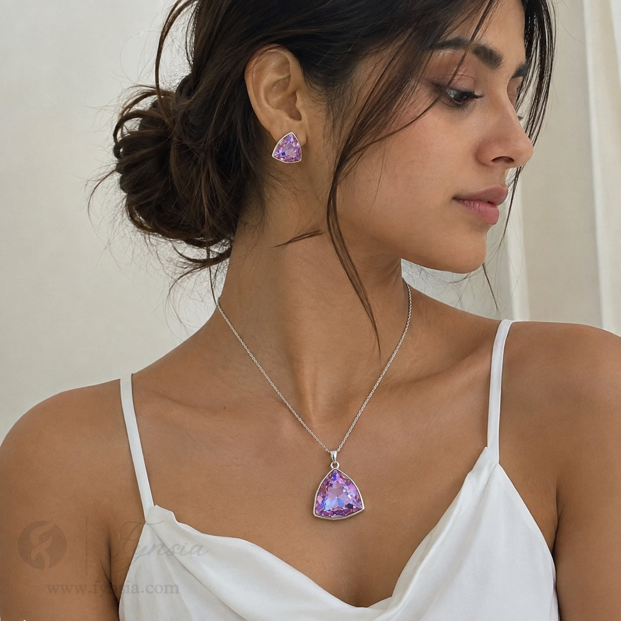 Airel Zirconia Silver pink Tone Pendant Chain Set With Earrings | Fynsia