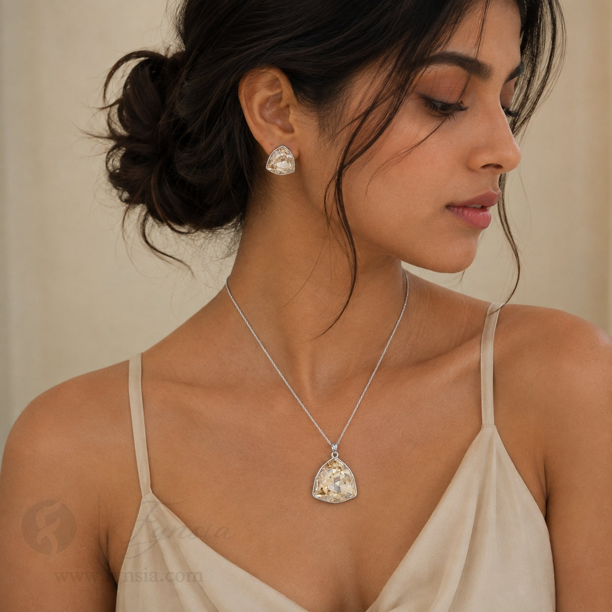 Mulan Zirconia Silver ceramic Tone Pendant Chain Set With Earrings | Fynsia