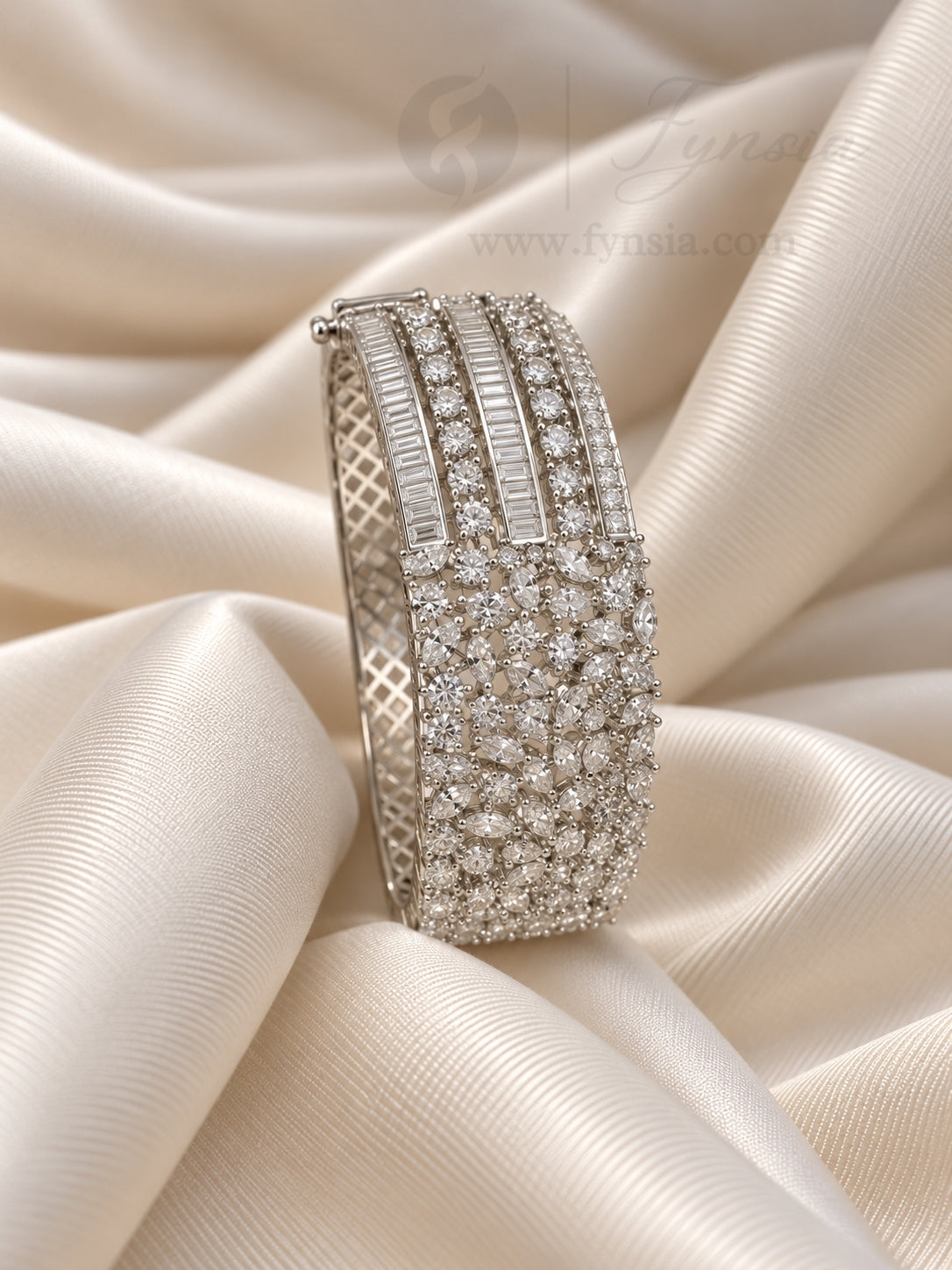Tarini Diamond Kada – Silver Finish Bracelet | Fynsia