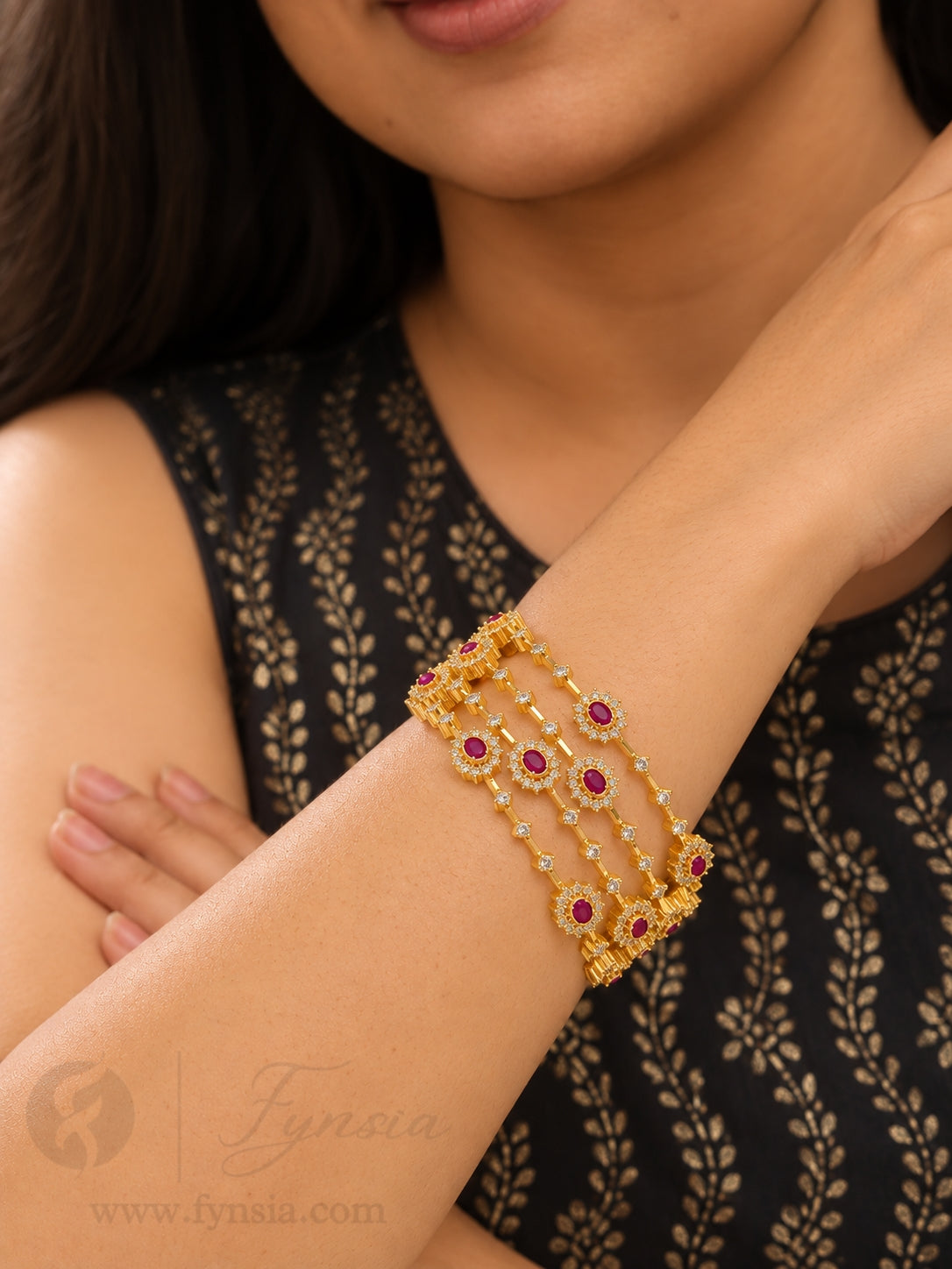 Riyana Golden Red Stone 4pc Bangles | Occasional Wear bangles | Fynsia