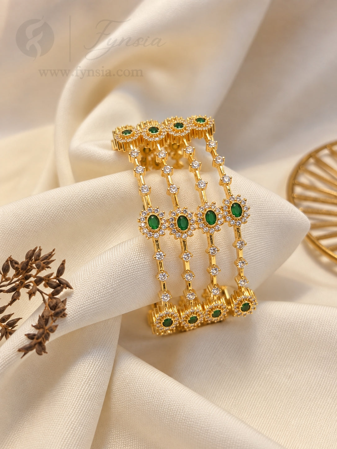 Naisha Golden Green Stone 4pc Bangles | Occasional Wear bangles | Fynsia