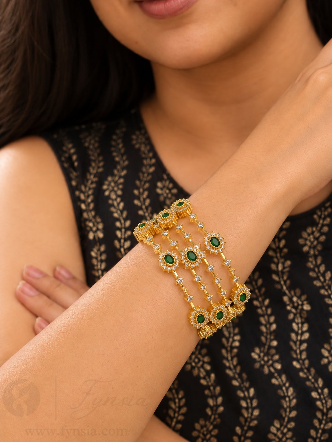 Naisha Golden Green Stone 4pc Bangles | Occasional Wear bangles | Fynsia