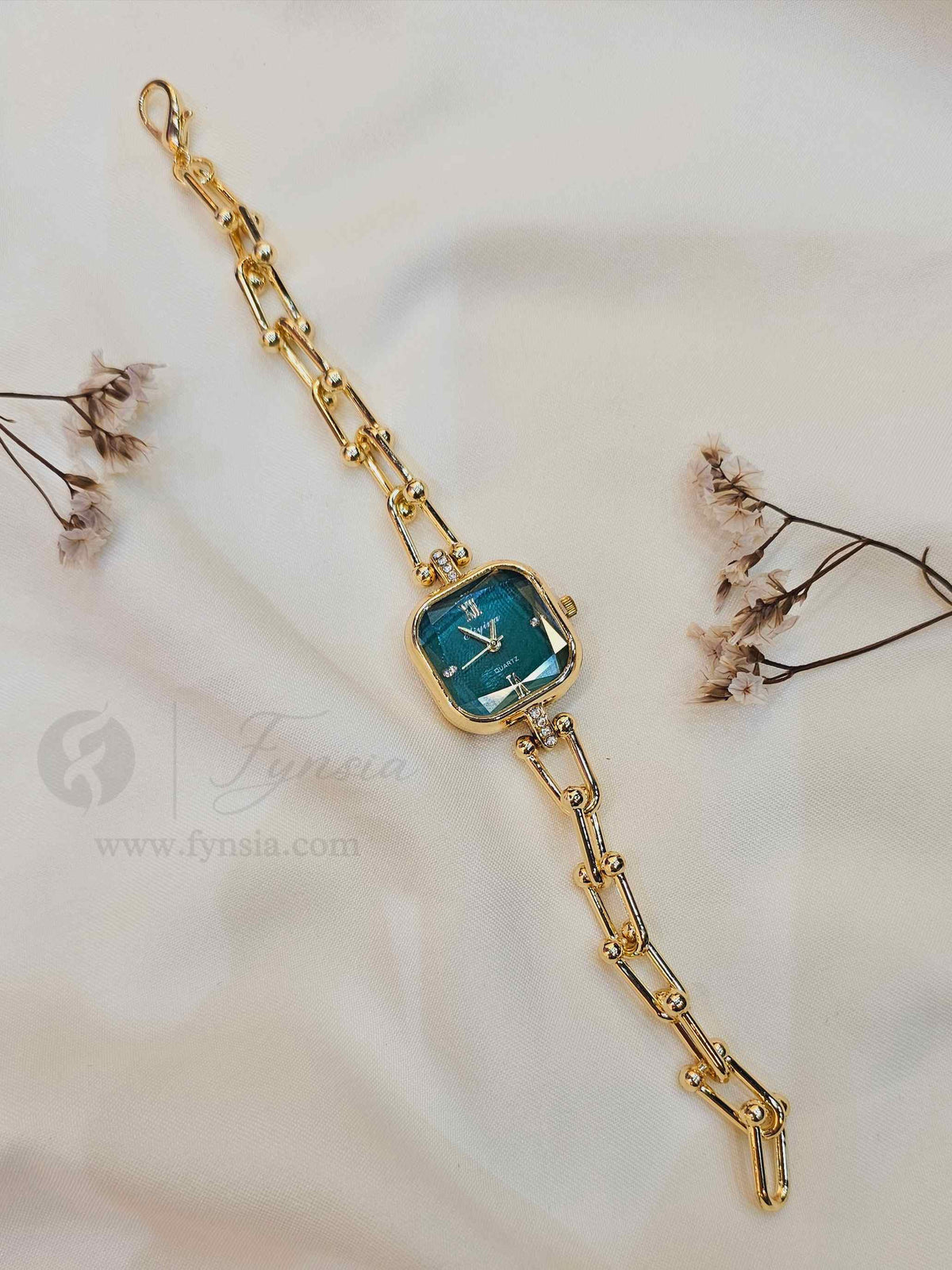 Gauri Golden Green Square Dial Chain Belt Women's Watch | Fynsia