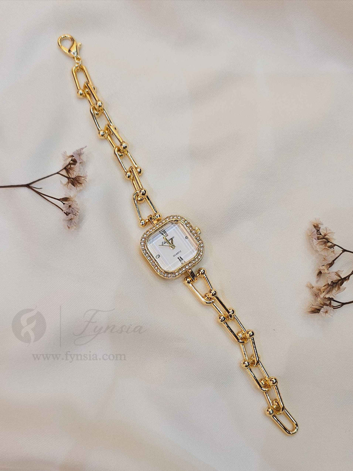 Sofia Golden White Square Dial Chain Belt Women's Watch | Fynsia
