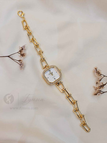 Sofia Golden White Square Dial Chain Belt Women's Watch | Fynsia