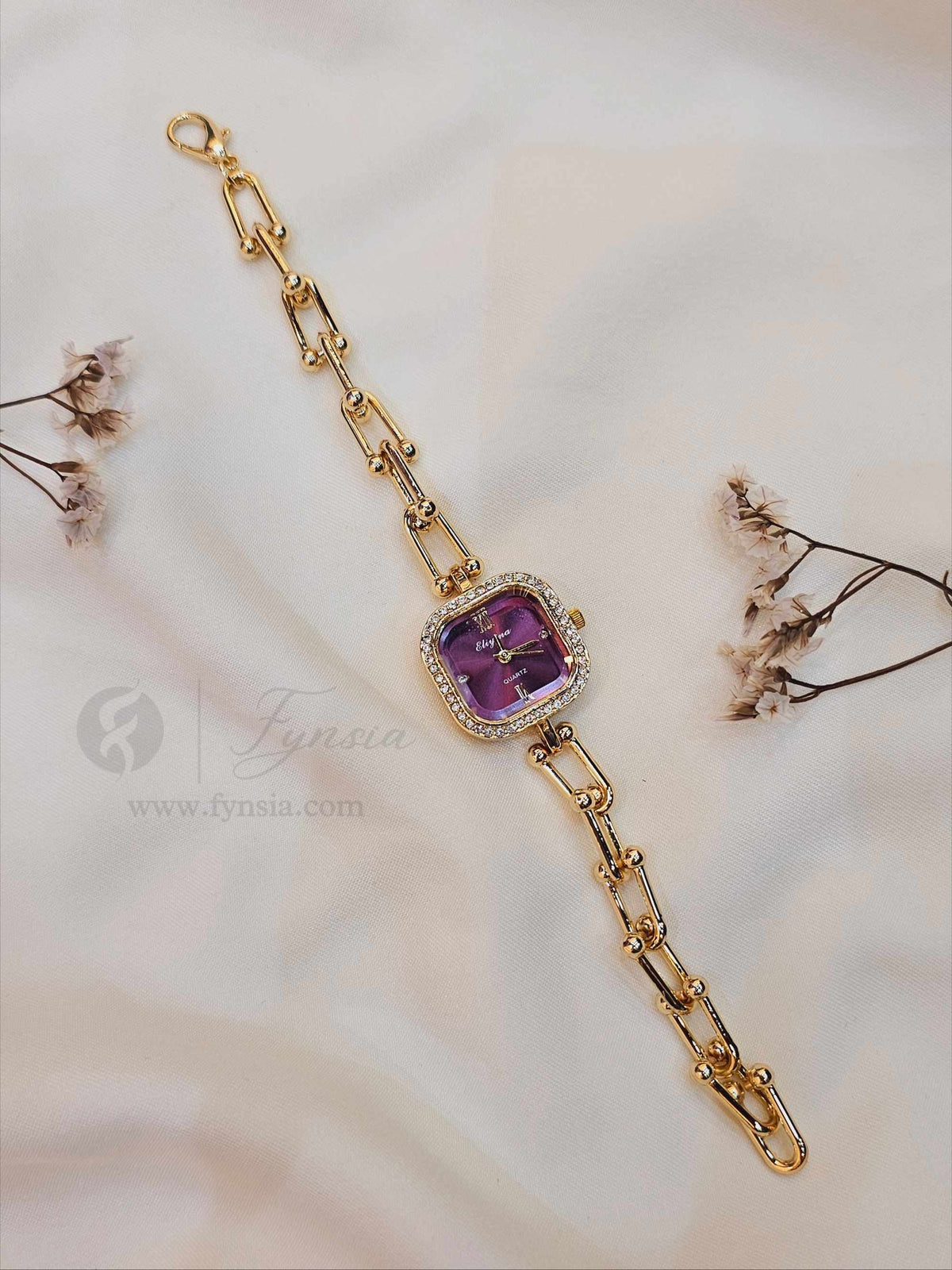Layla Golden Purple Square Dial Chain Belt Women's Watch | Fynsia