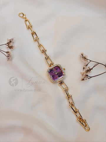 Layla Golden Purple Square Dial Chain Belt Women's Watch | Fynsia