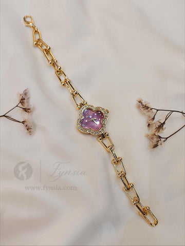 Tina Golden Purple Clover Dial Chain Belt Women's Watch | Fynsia