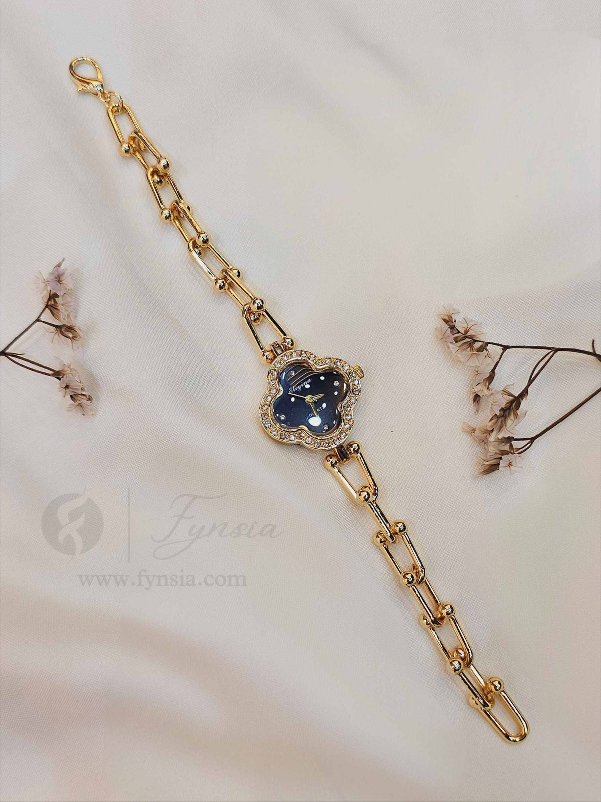 Binish Golden Black Clover Dial Chain Belt Women's Watch | Fynsia