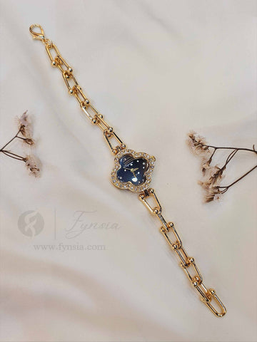 Binish Golden Black Clover Dial Chain Belt Women's Watch | Fynsia