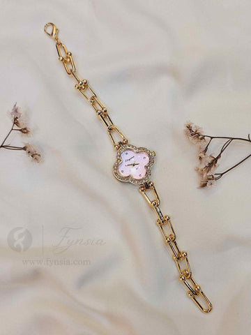 Zayna Golden Pink Clover Dial Chain Belt Women's Watch | Fynsia