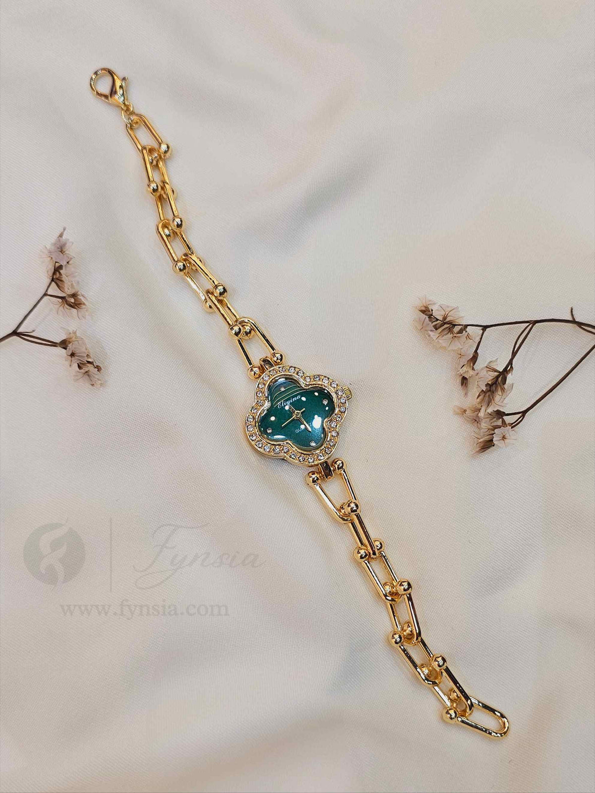 Haya Golden Green Clover Dial Chain Belt Women's Watch | Fynsia