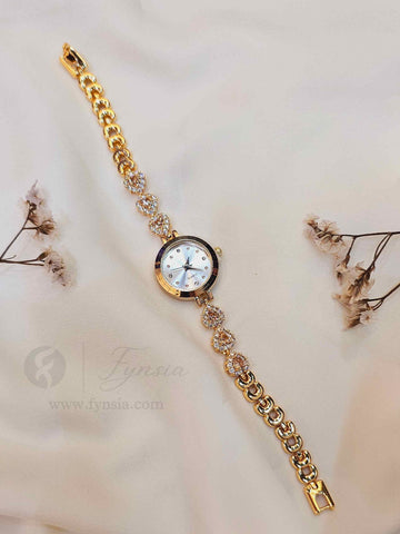 Aparna Golden White Round Dial Zirconia Pink Stone Belt Women's Watch | Fynsia
