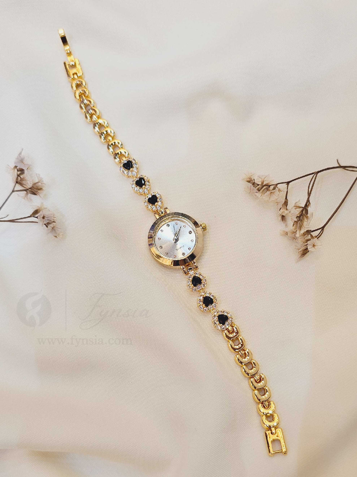 Naina Golden White Round Dial Zirconia Black Stone Belt Women's Watch | Fynsia