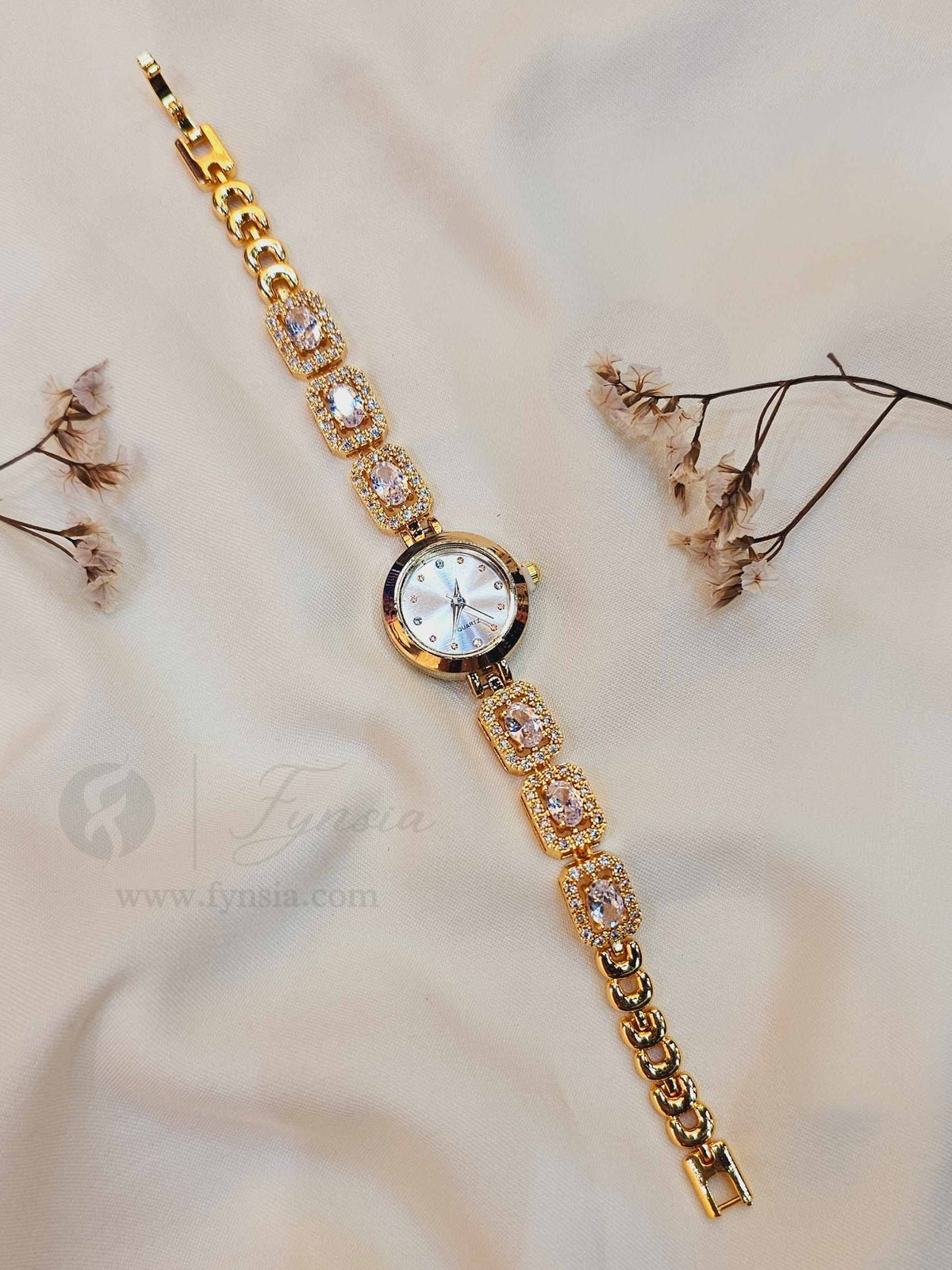 Jenna Golden White Round Dial Zirconia White Stone Belt Women's Watch | Fynsia