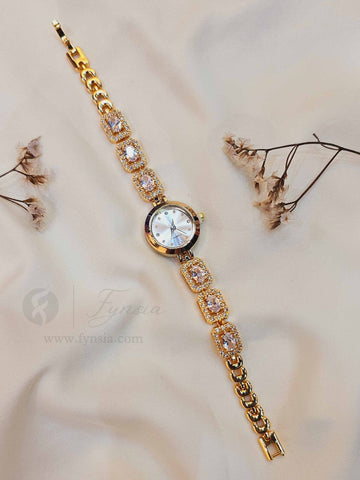Jenna Golden White Round Dial Zirconia White Stone Belt Women's Watch | Fynsia