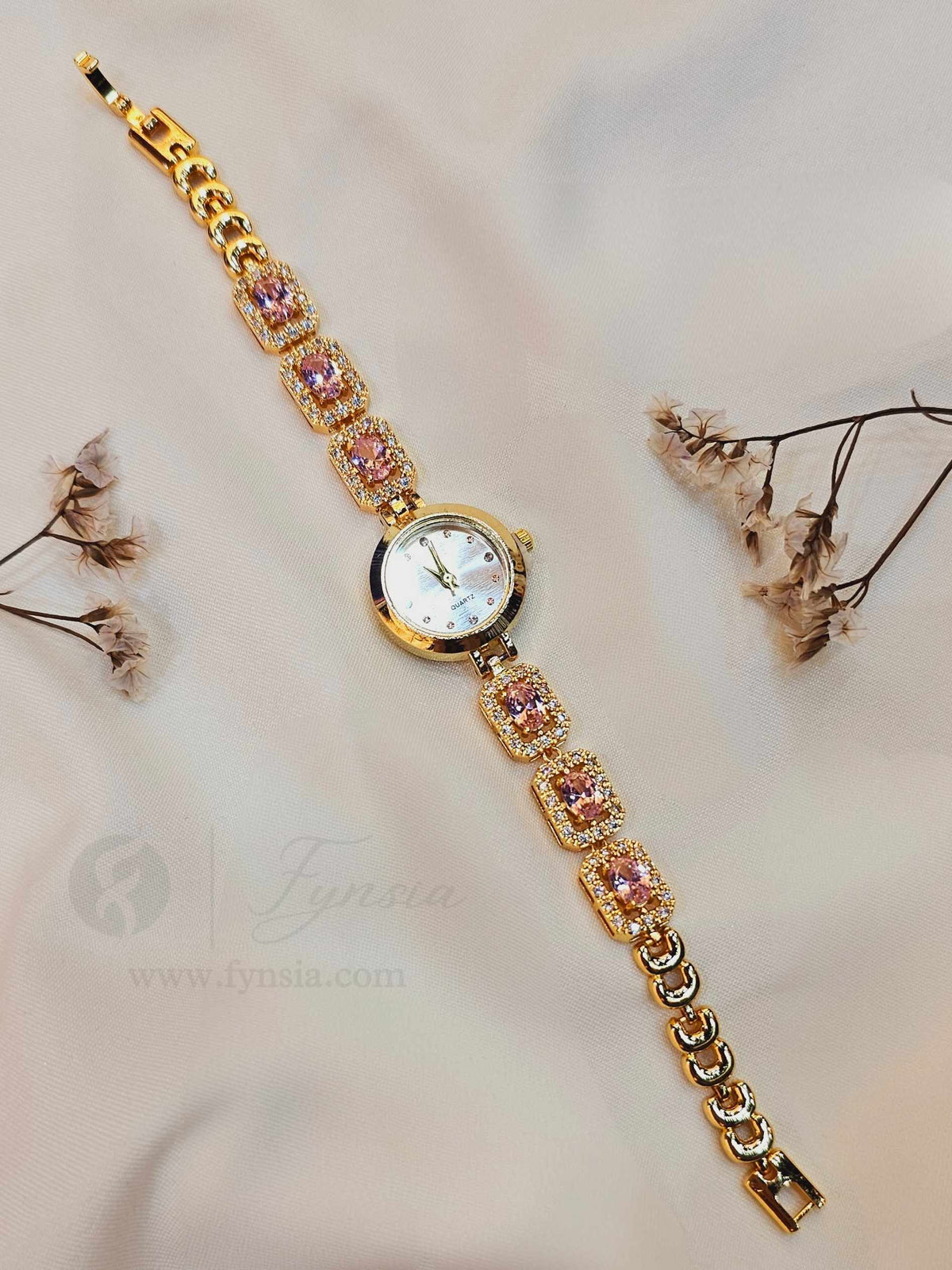Himani Golden White Round Dial Zirconia Pink Stone Belt Women's Watch | Fynsia