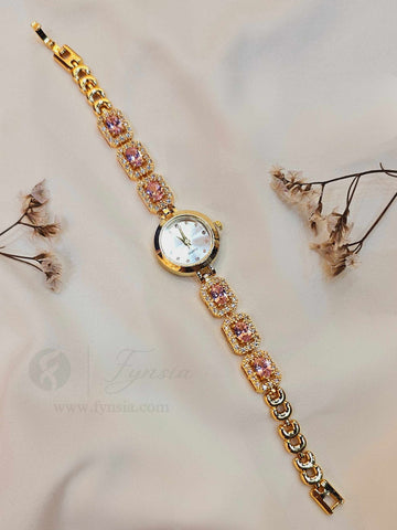 Himani Golden White Round Dial Zirconia Pink Stone Belt Women's Watch | Fynsia