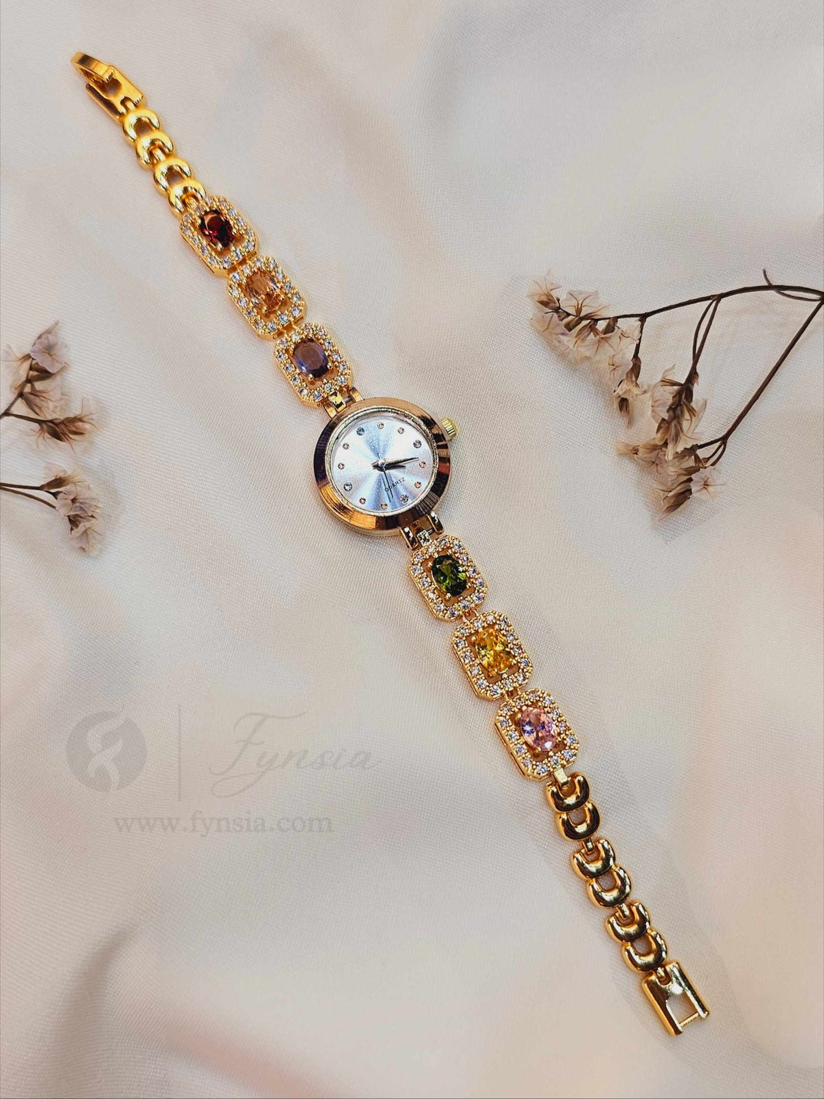 Marzina Golden White Round Dial Zirconia Multi Stone Belt Women's Watch | Fynsia