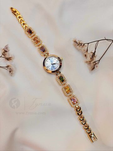 Marzina Golden White Round Dial Zirconia Multi Stone Belt Women's Watch | Fynsia