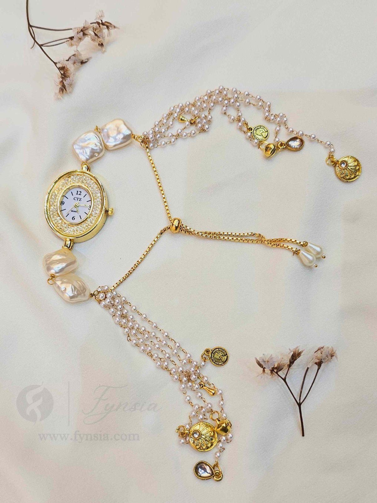 Aastha Golden Oval Dial Pearl Lumba Adjustabe Watch | Fynsia
