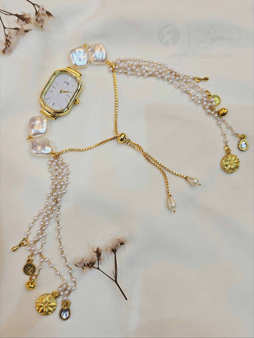 Antra Golden Square Dial Pearl Lumba Adjustabe Watch | Fynsia