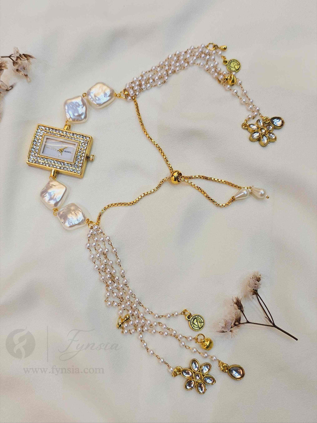 Darshi Golden Rectangle Dial Pearl Lumba Adjustabe Watch | Fynsia