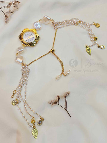 Nandini Golden Flower Dial Pearl Lumba Adjustabe Watch | Fynsia