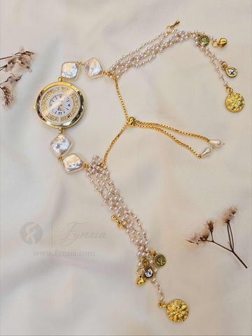 Harshvee Golden Round Dial Pearl Lumba Adjustabe Watch | Fynsia