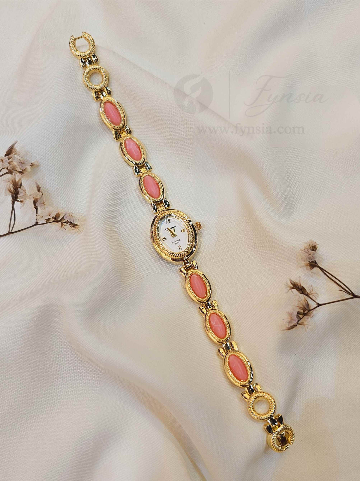 Freya Golden White Round Dial Metal Peach Bead Belt Women's Watch | Fynsia