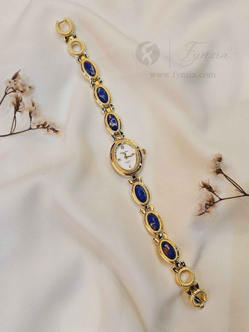 Hina Golden White Round Dial Metal Blue Bead Belt Women's Watch | Fynsia