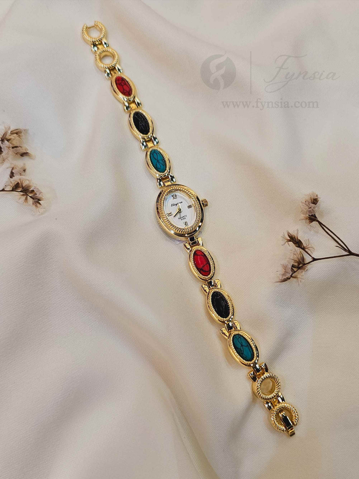 Lovepreet Golden White Round Dial Metal Multi Bead Belt Women's Watch | Fynsia