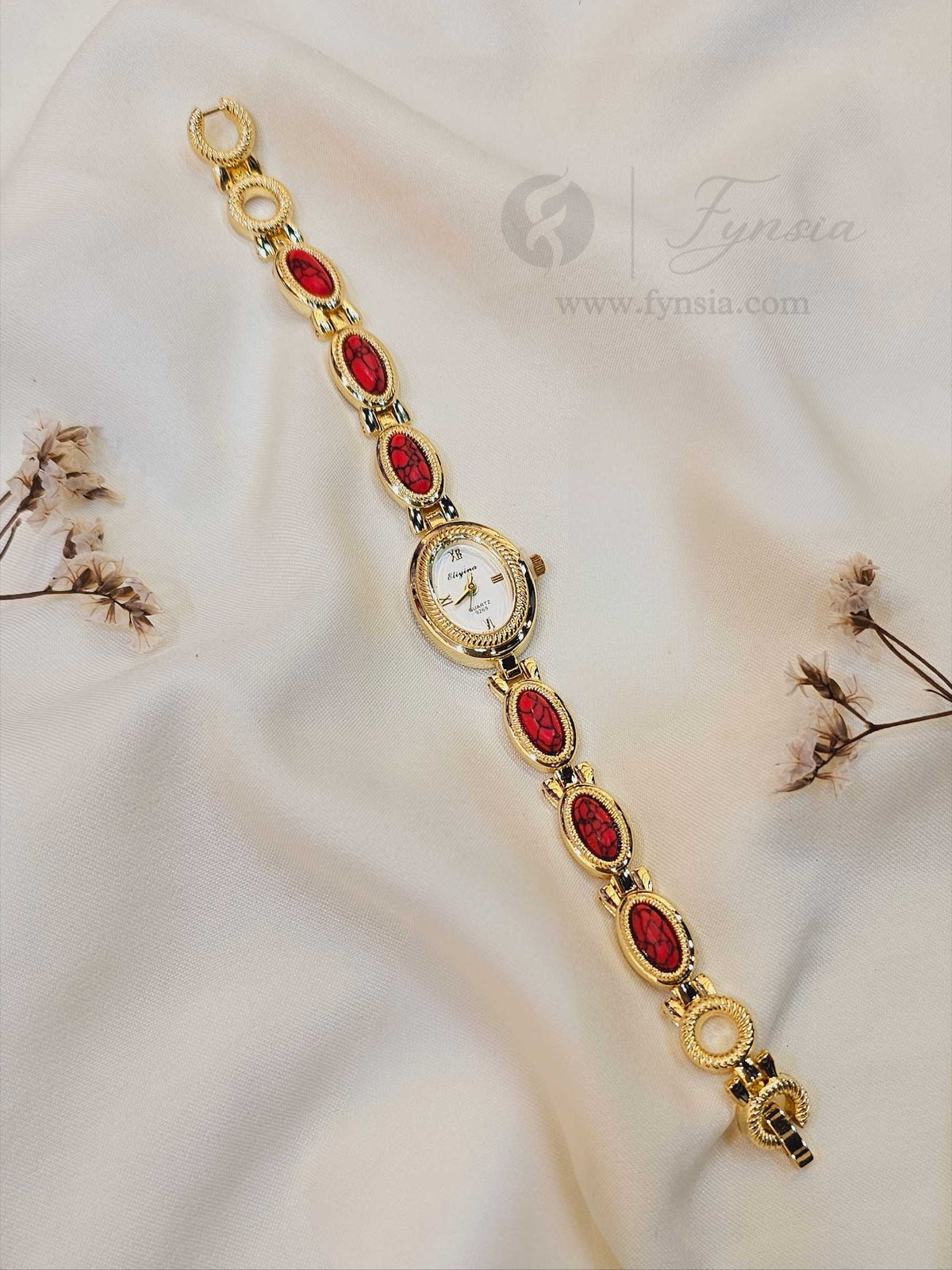 Arishfa Golden White Round Dial Metal Red Bead Belt Women's Watch | Fynsia