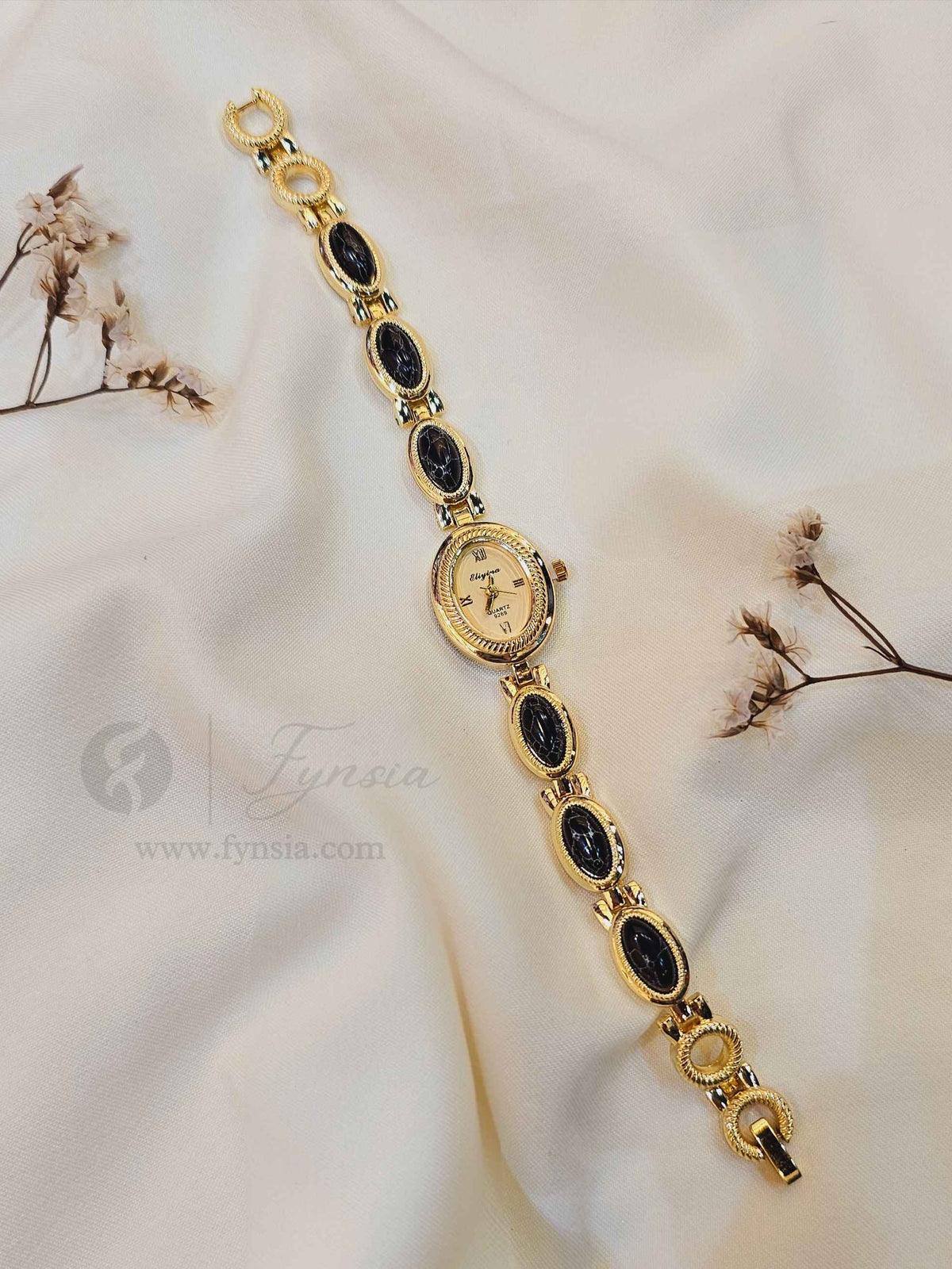 Zakira Golden White Round Dial Metal Black Bead Belt Women's Watch | Fynsia