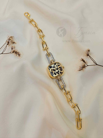 Maahi Golden Cheetah Print Square Dial Chain Belt Women's Watch | Fynsia