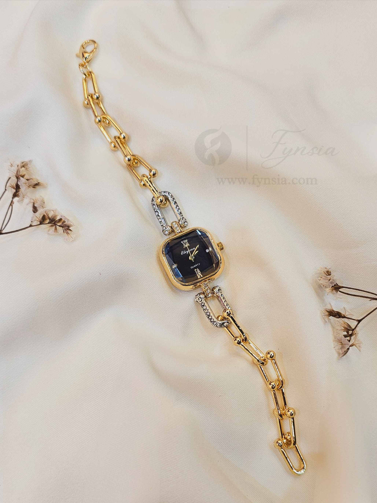 Uditi Golden Black Square Dial Chain Belt Women's Watch | Fynsia