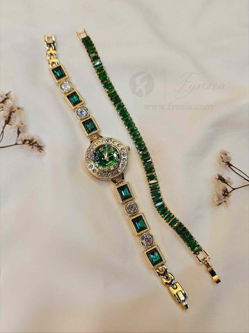Katherine Golden Green Round Dial Metal Belt Women's Watch With Bracelet| Fynsia