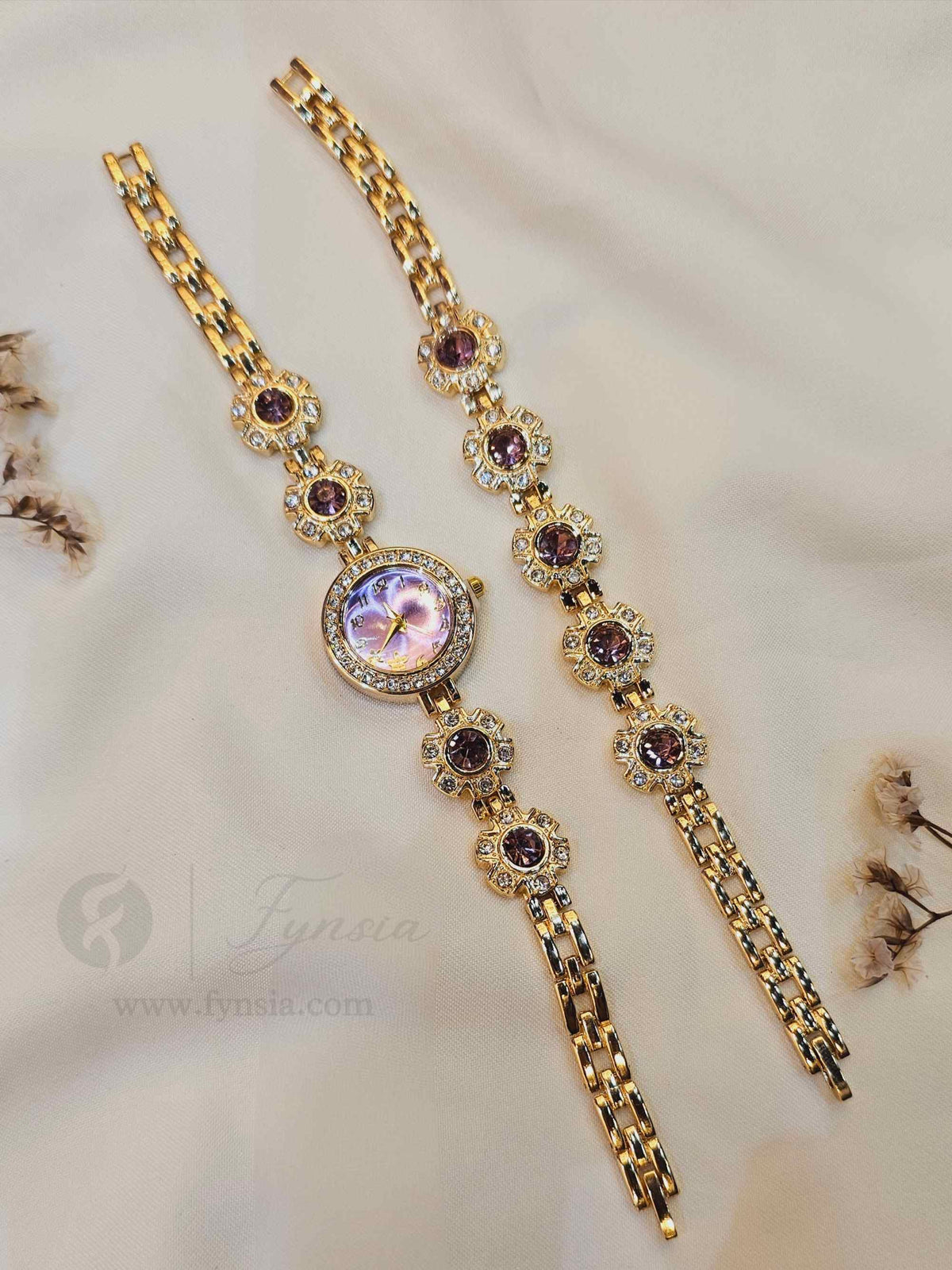 Rhea Golden Pink Round Dial Metal Belt Women's Watch With Bracelet| Fynsia