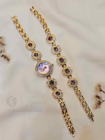 Rhea Golden Pink Round Dial Metal Belt Women's Watch With Bracelet| Fynsia