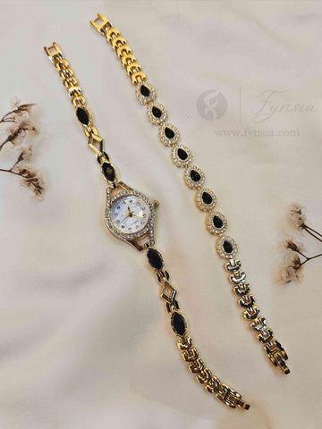 Genelia Golden White Round Dial Black Stone Belt Women's Watch With Bracelet| Fynsia